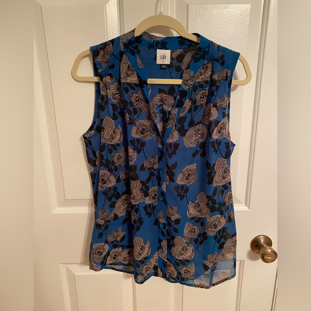 CAbi Blue and Black Floral Sleeveless Top